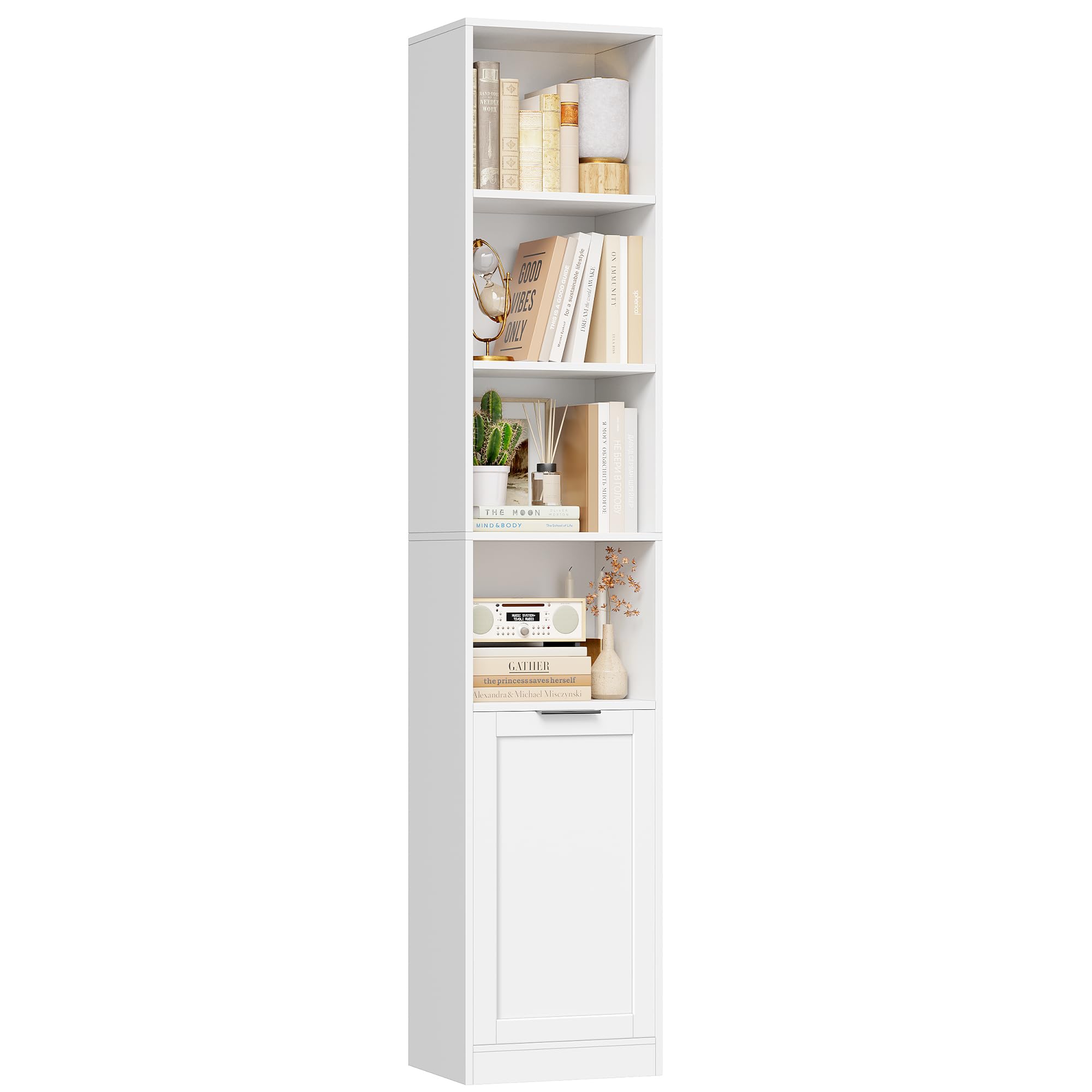 FirFurd 186,4cm Libreria Verticale, Libreria Salvaspazio a 6 Ripiani Bianco | Vetrina Espositiva a 4 Scomparti Aperti,Librerie Stretta,per Appartamenti Piccoli,Soggiorno,Studio e Ufficio,35x24x186,4 cm