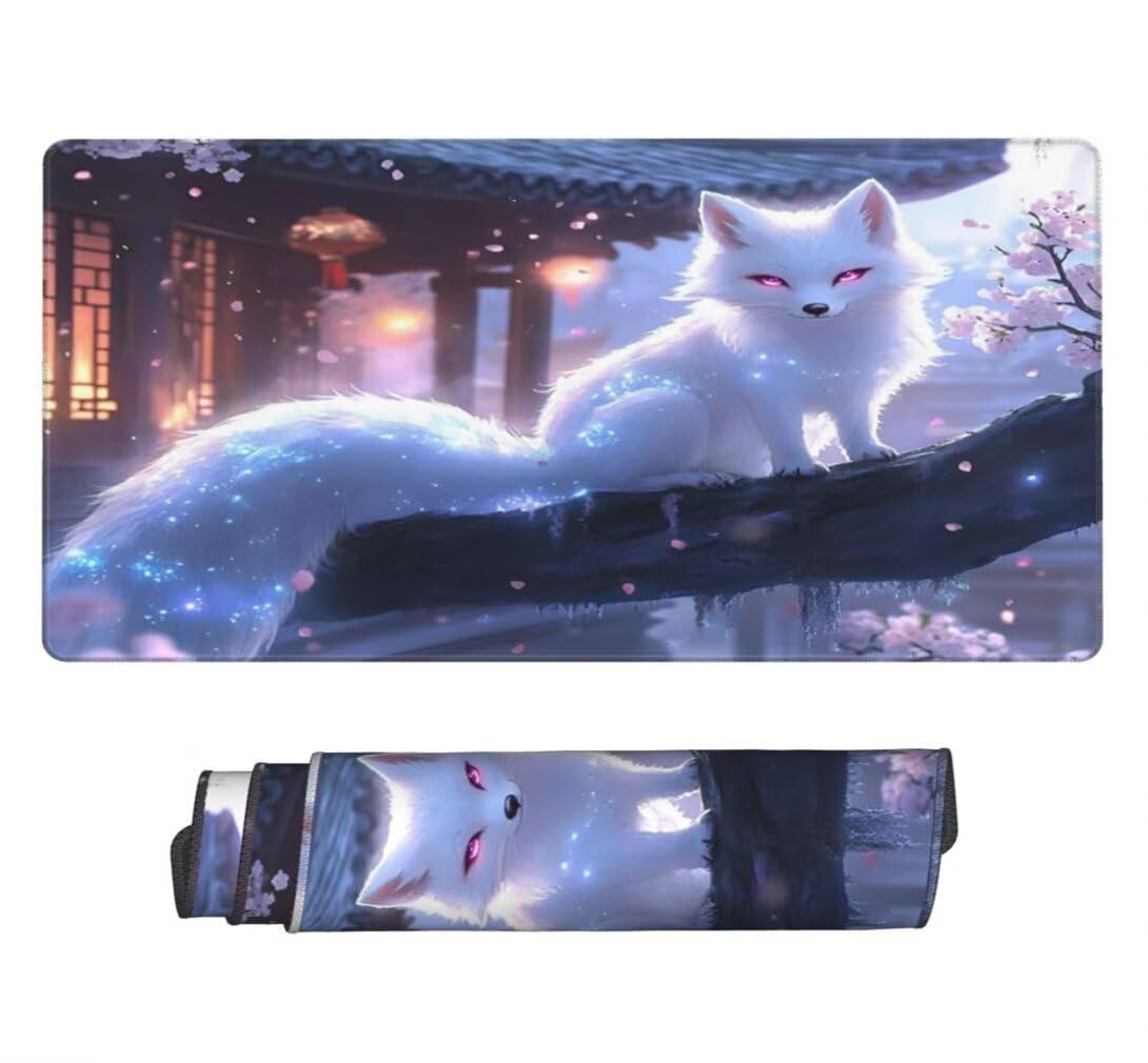 Alfombrilla Raton XXL 1000 x 500 x 3 mm, Mouse Pad Grande Gaming, Alfombrilla de Raton Zorro Blanco Mousepad Lavable Desk Mat para Juegos Y Oficina, Impermeable y Antideslizante (Patio) -MP1557