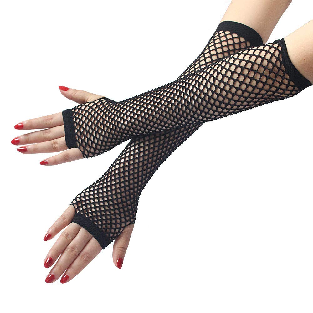 Fingerless Long Fishnet Gloves for Women Girls 80s Party Costume Arm Sleeve Accessories Supplies Black One Size