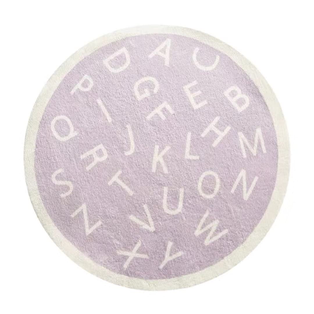 Runder Alphabet-Teppich, Lernteppiche für Kinderzimmer, Spielzimmer, große Buchstaben, weicher Plüsch-Kinderteppich, Krabbelmatten, rutschfest, feuchtigkeitsbeständig (Weiß Lila 160 cm)
