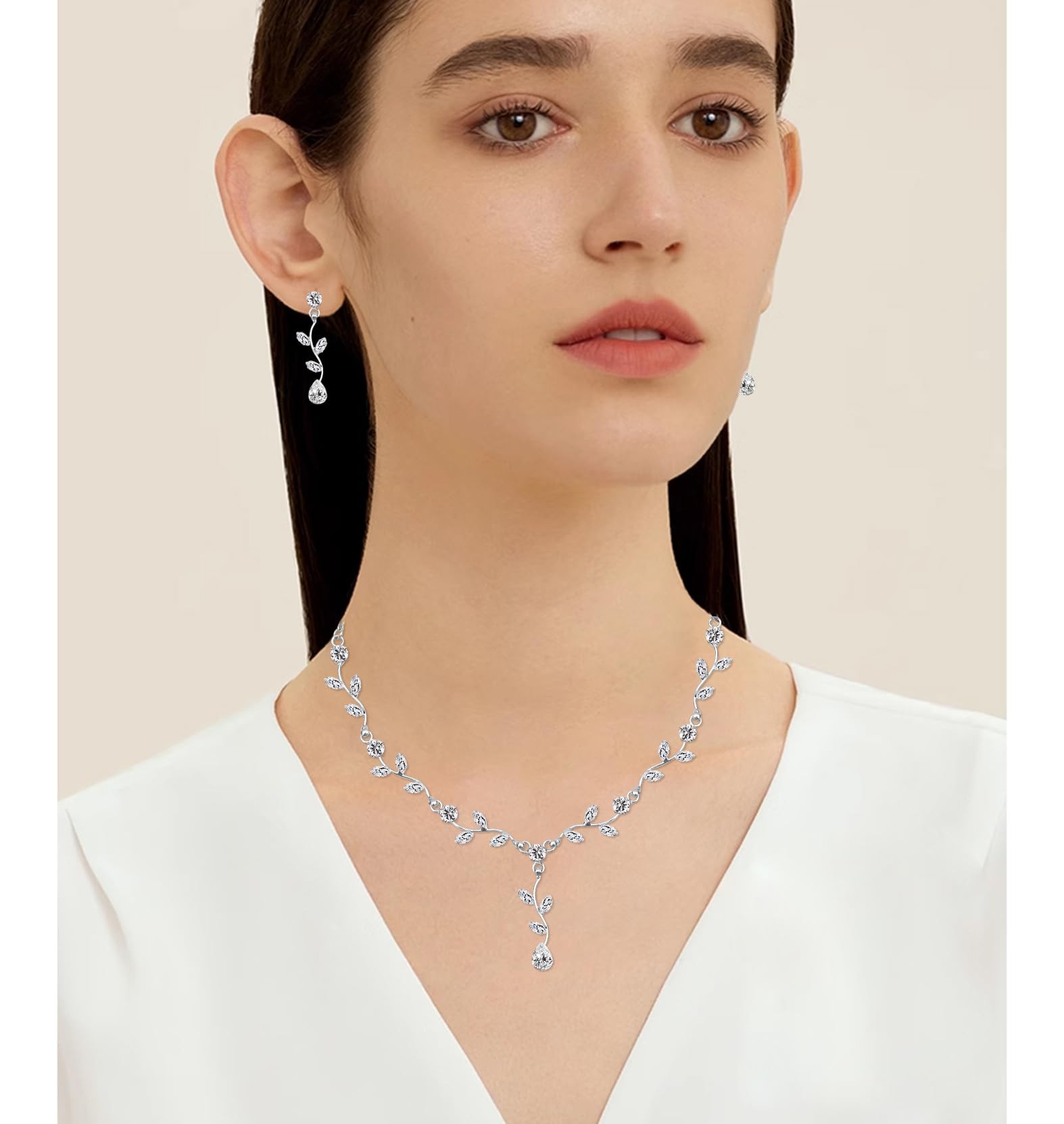 Elegant Bridal Jewelry Sets for Wedding Bride Leaf Shape Cubic Zirconia Necklace Earrings Bracelet Set Prom Costume Accessories