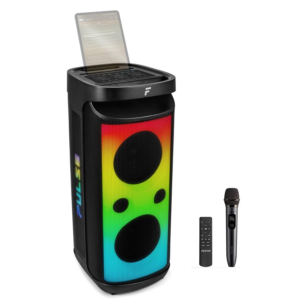Fenton Pulse160 Karaoke Speaker System with 2x8” Bluetooth Party Speakers, UHF Wireless Microphone, 12hr Battery, LED Lights, IPX4 Splashproof, Tablet/Phone Holder, USB, FM Radio