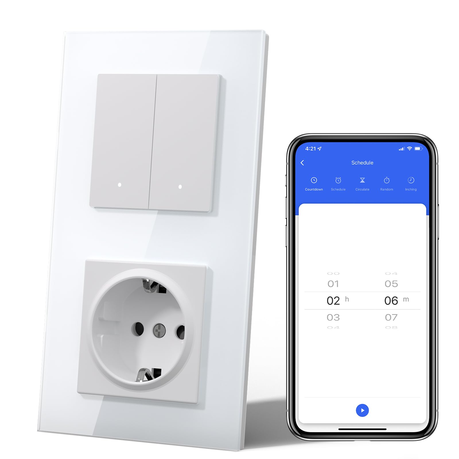 Interruptor Inteligente con Clic,WIFI Interruptores de Luz Con Cristal,Compatible con Alexa/Tuya/Smart Life,Requiere Cable Neutro,2 Gang 1 Vía con Enchufe,157mm Blanco