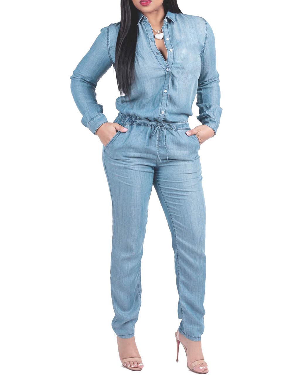 Sexyshine Women's Casual Long Sleeve Button Down Jumpsuit Romper Overalls