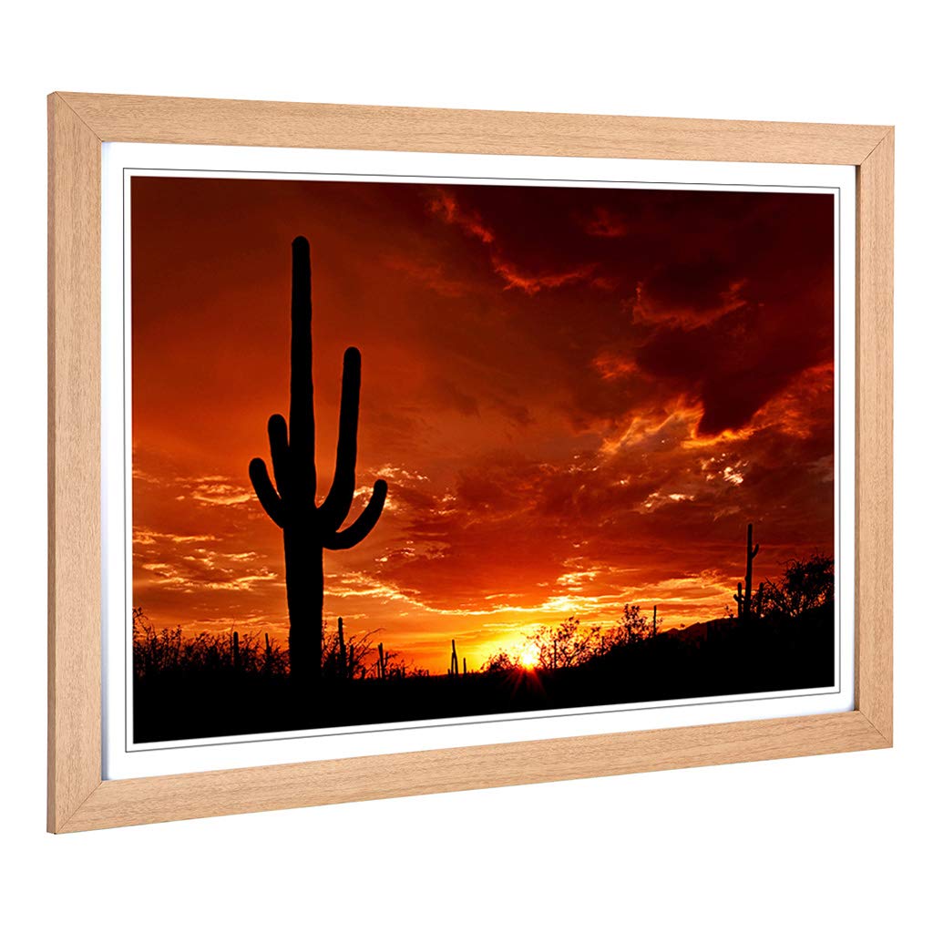 Big Box Art Framed Print of Landscape Saguaro Orange Sunset Design | Wall Art Picture | Home Decor for Kitchen, Living Room, Bedroom, Hallway, Oak, A2 / 24.5x18 Inch / 62x45cm