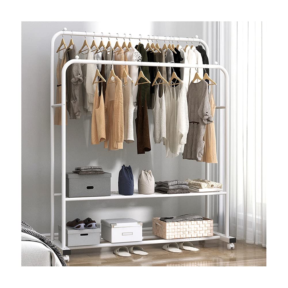 FGXHHS Freestanding Clothing Rack with Shelves and Wheels, Double Rail Garment Organizer for Bedroom Closet Storage