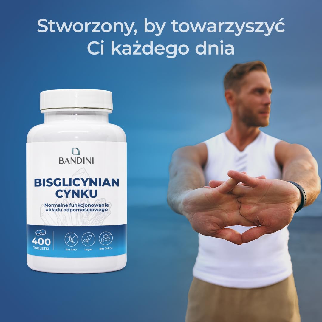 Bandini® Zinc Bisglycinate 400 tabletek (zapas na 13 miesięcy), wysokodawkowy wegański suplement diety, czysty cynk dla skóry, włosów, paznokci, wzroku i układu odpornościowego, wysoce przyswajalny