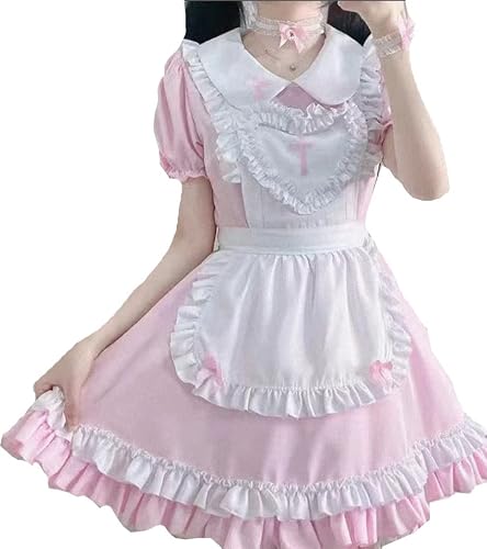 Ulalaza Gothic süße Mädchen Prinzessin Puppenkragen Spitze Schürze Retro Rüschentaschen mit Kopfschmuck Französisch Maid Kostüm