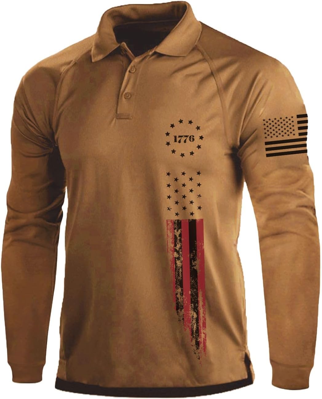 H HYFOL Long Sleeve Polo Shirts for Men Graphic Stretch Casual American Patriotic Raglan Golf Polos for Men