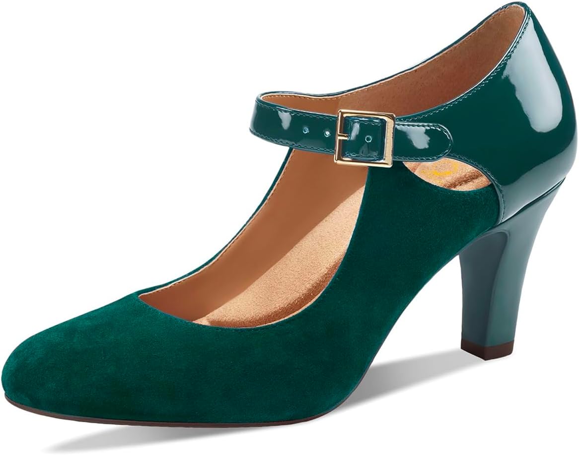 SHODENSE Women Kitten Heel Mary Jane Pumps Round Closed Toe Ankle Strap Mary Janes Patchwork 3" Chunky Heel Dress Sandal Pumps Buckle Retro 4-13 M US