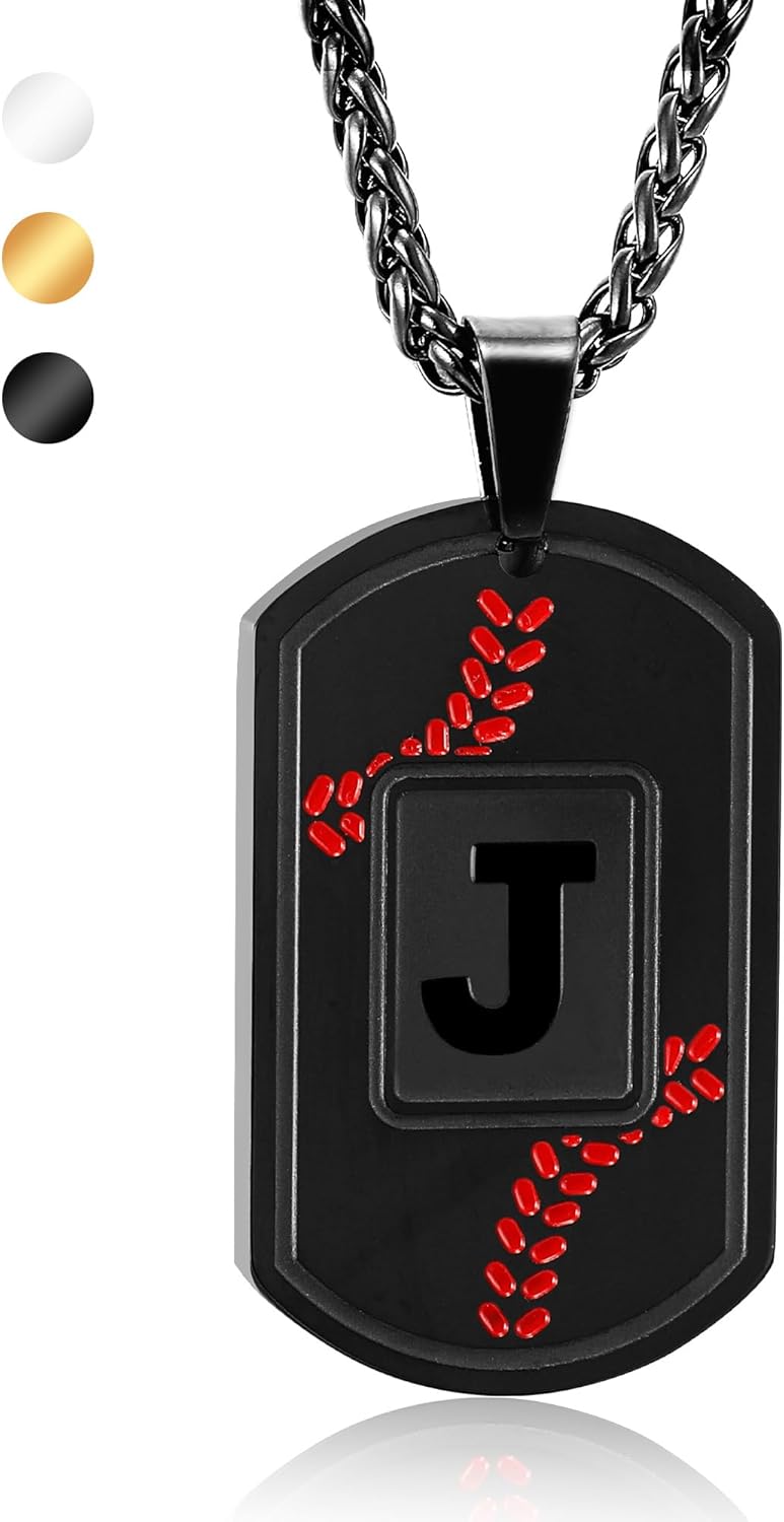 Easter Basket Stuffers - Baseball Initial Necklace for Men Dog Tag Stainless Steel Letter Pendant Sport Baseball Athletes Jewelry Christmas Birthday Gifts Kids Boys Men Teens Boyfriend Dad
