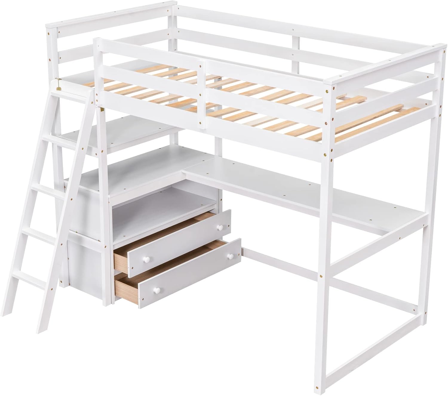 Harper & Bright Designs Wooden Twin Loft Bed with Desk and Storage Drawers, Kids Loft Bed Frame with Storage Shelves, Ladder and Slat Support, High Loft Bed for Kids, Teens, Adults (Twin, White)