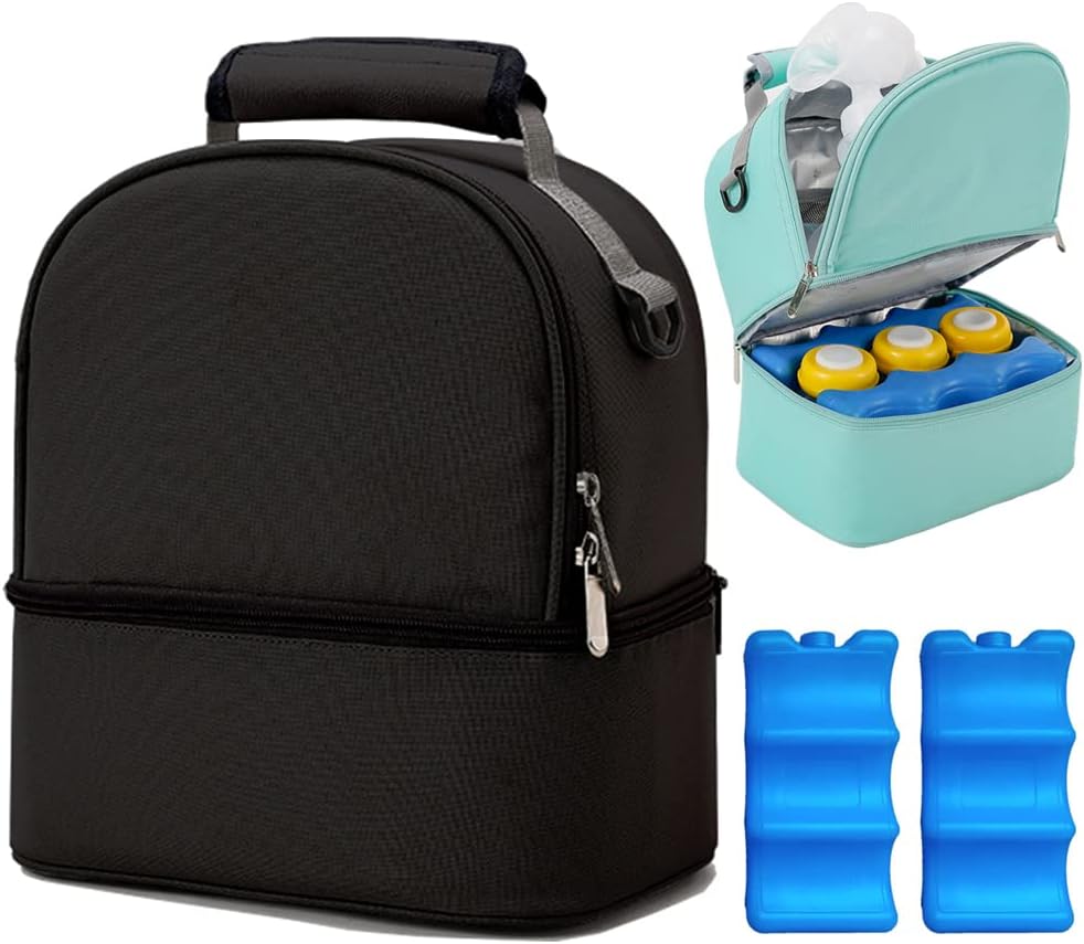 Breastmilk Bottles Cooler Bag with Ice Pack,Nylon Breast Pump Bag Backpack with Cooler Compartment,Fits 6 Bottles Up to 9 Ounces,Double Layer Breast Pump Carrying Bag for Nursing Moms，Black