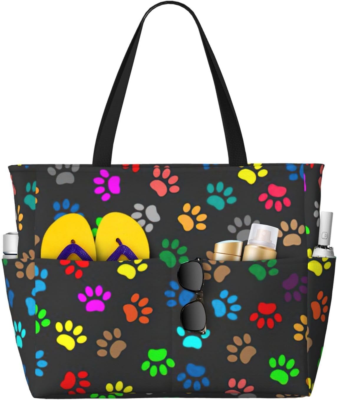 Colorful Dog Paw Print Black Print Large Capacity Beach Travel Bags with Zipper and Pockets for Travel Vacation Fitness