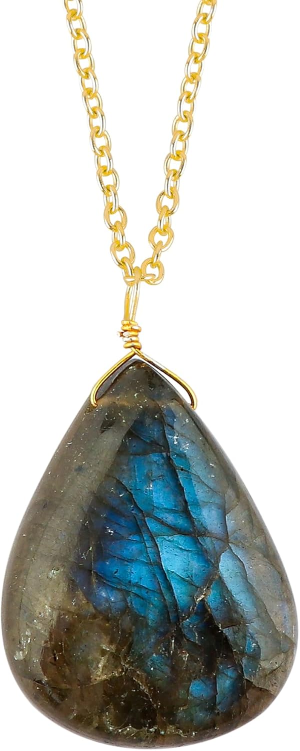 TGH Natural Gemstone Pear Cabochon Necklace - Healing Crystal Pendant for Women - 16+2 Inch Gold Plated Brass Chain - Birthstone Jewelry