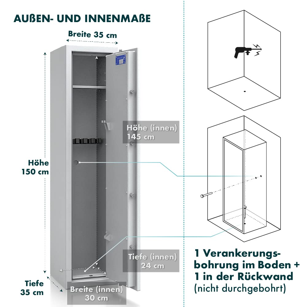 SafeHero Waffenschrank Klasse 0 EN 1143-1 Secureo Hawk 5 XL | Waffenschrank 0 für 5 Langwaffen | Langwaffenschrank mit Elektronikschloss & Notschlüssel | Waffenschrank Langwaffen, Kurzwaffen + Muni.