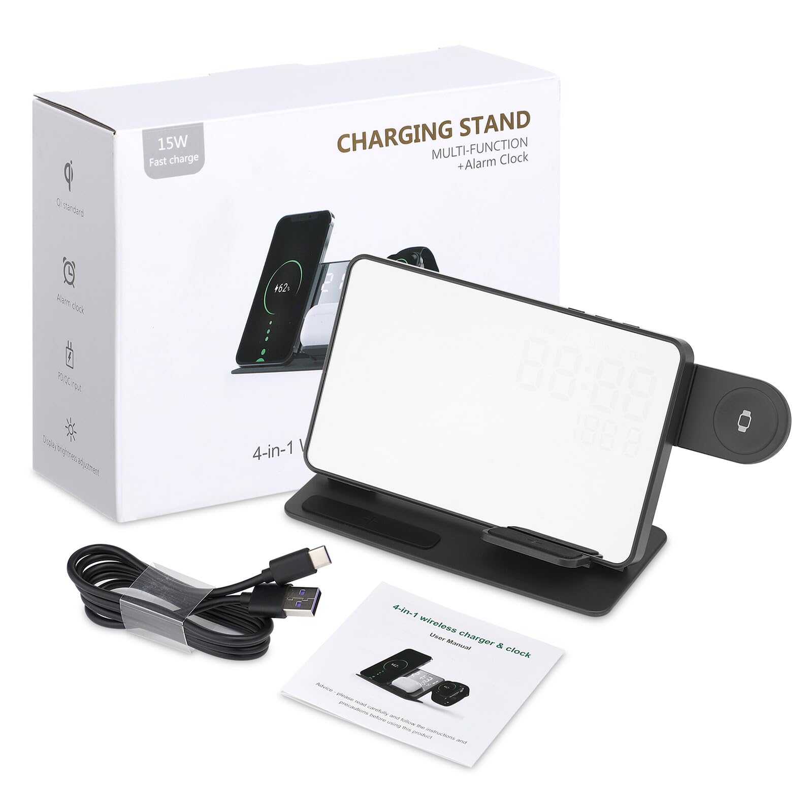 Station de Charge sans Fil Support Charge Rapide pour Téléphone Montre Écouteurs avec Horloge Numérique et Affichage Température