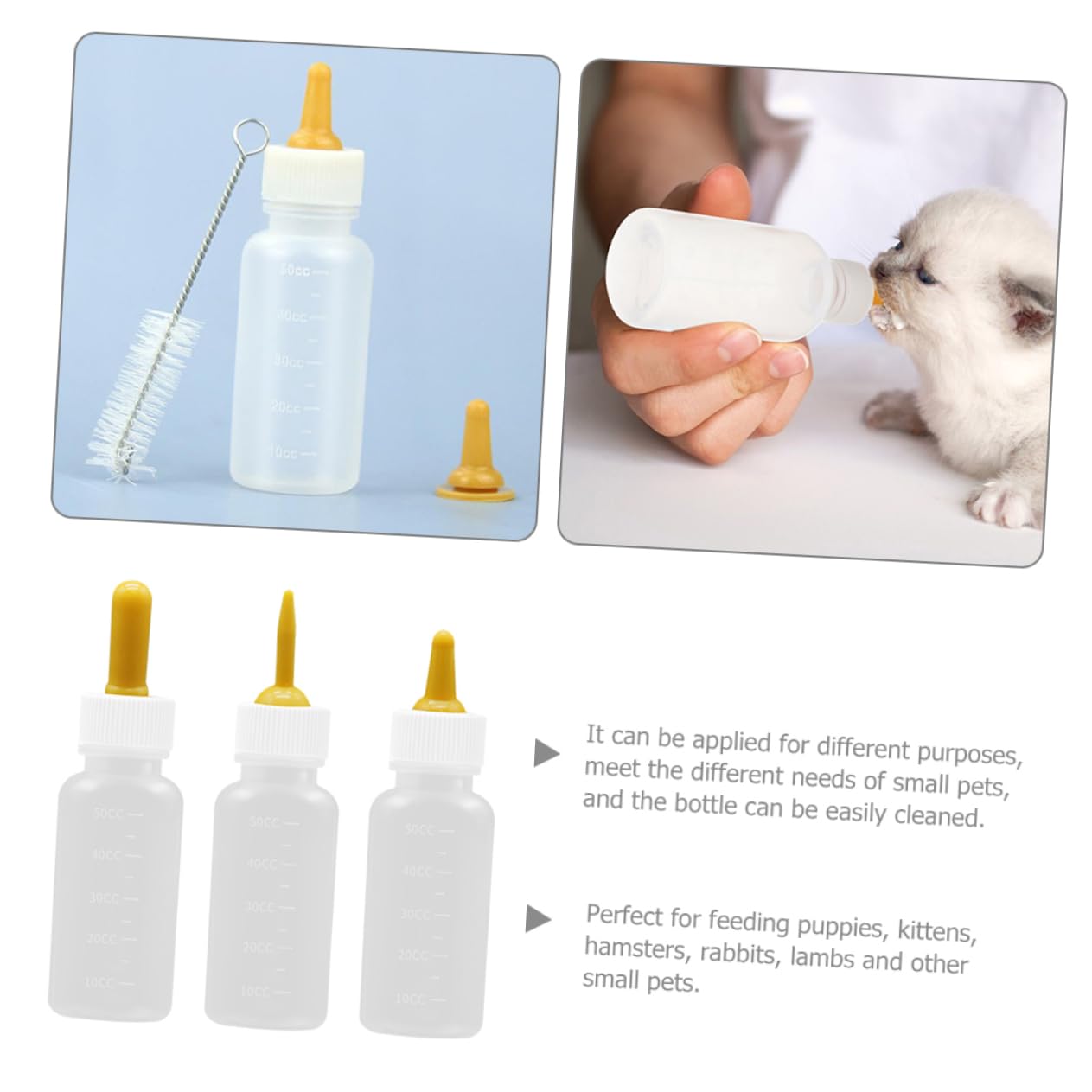Generic 3Pcs Pet Feeding Bottles for Newborn Kittens and Puppies Lightweight Silicone Nursing Kit with Various Nipple for Easy Feeding and Cleaning for Small Pets