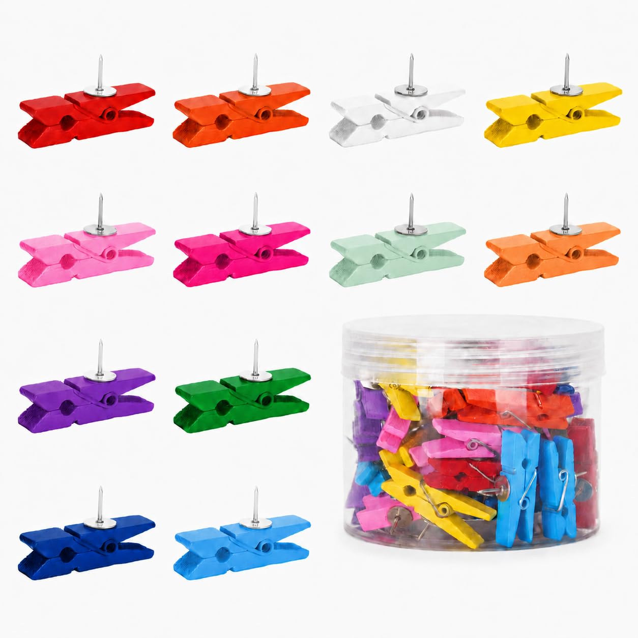 jijAcraft 50Pcs Push Pins with Wooden Clips: Rainbow Wooden Clip Thumbtack