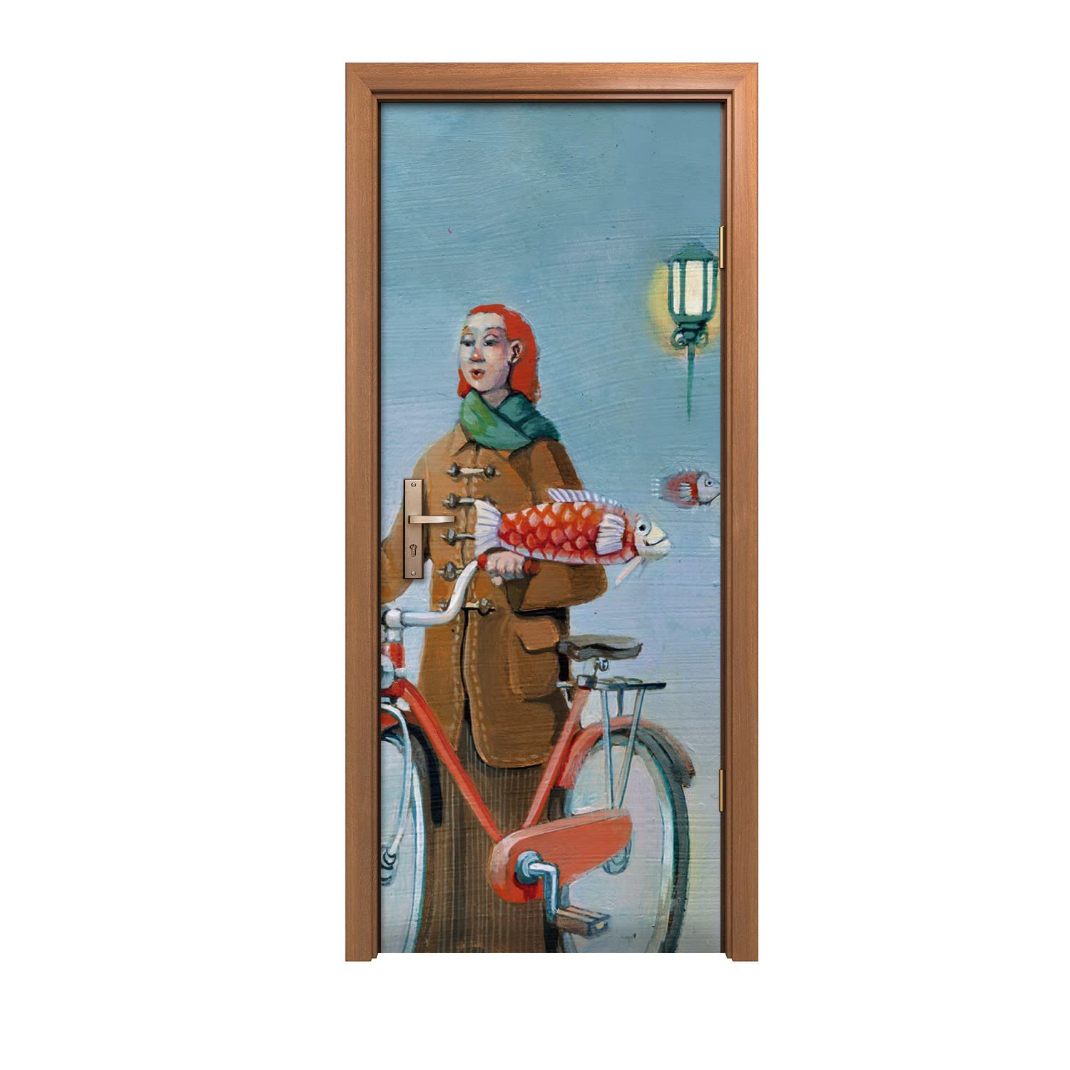 Autocollant de porte peinture femme vélo pour égayer un couloir sombre
