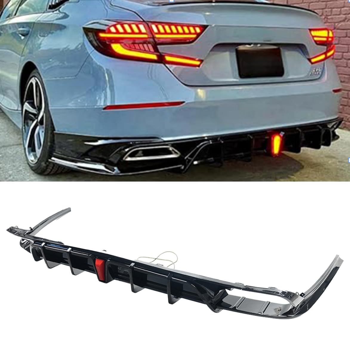 SKYYO Rear Diffuser Lip Compatible with Honda Accord 2018 2019 2020 with W/LED Brake Light Rear Bumper Diffuser Lip + Corner Apron Spats Glossy Black (2018-2020)
