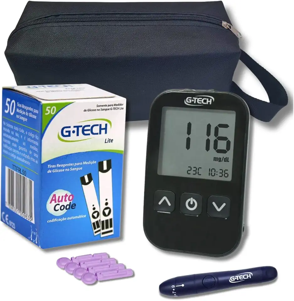 Kit completo com aparelho + 50 tiras G-tech lite + lancetas e lancetador + bolsa para trasporte
