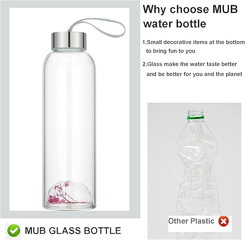 Miniatura 2 de MUB Botellas de agua de vidrio de borosilicato de 16 onzas con tapa de bambú y acero inoxidable, botella de vidrio a prueba de fugas con flor rosa,
