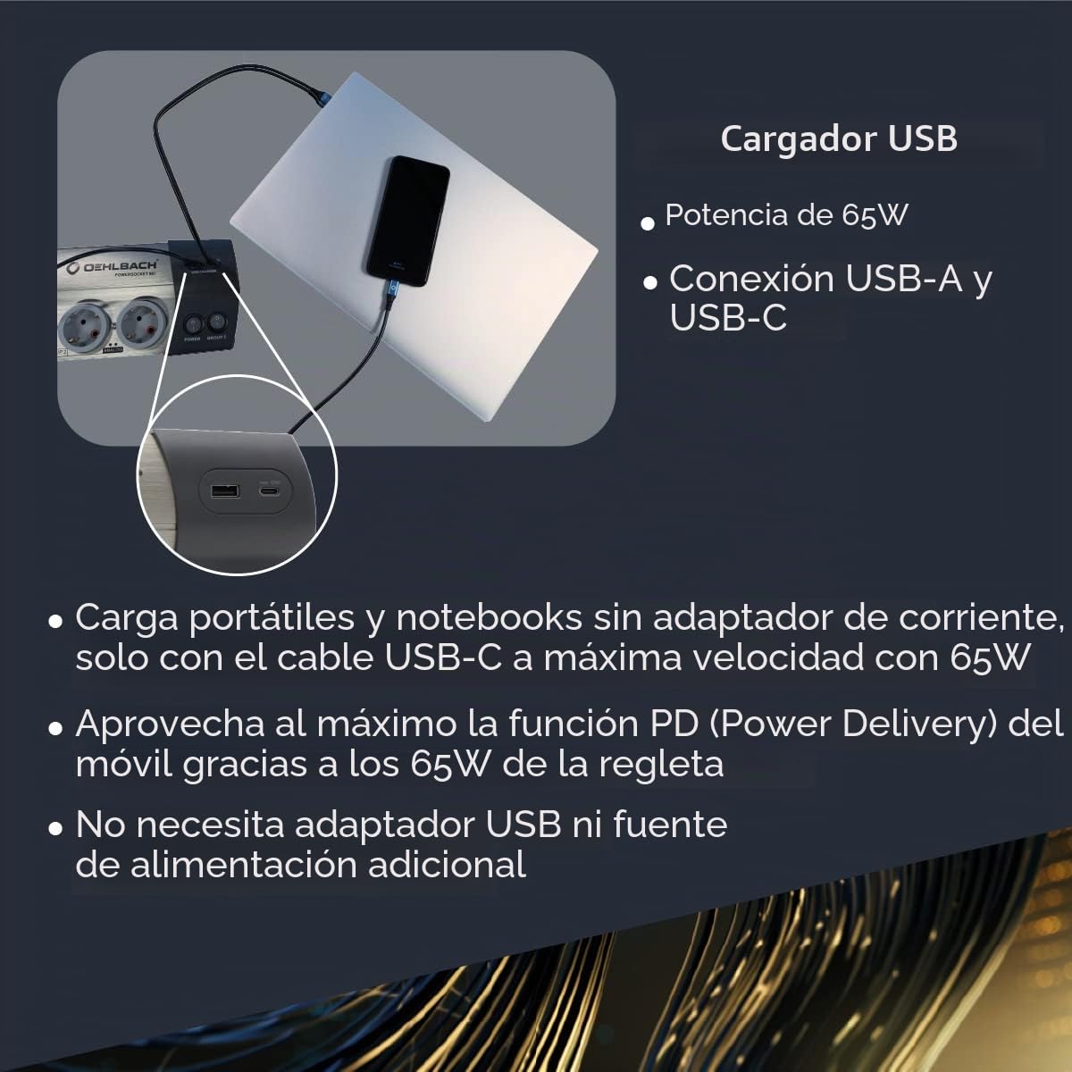 OEHLBACH Powersocket 907 MKII - Regleta de alimentación HiFi filtrado y protección contra sobretensiones (2 Ranuras USB, Cargador USB-C de 65 W y Conector USB-A) - Aluminio