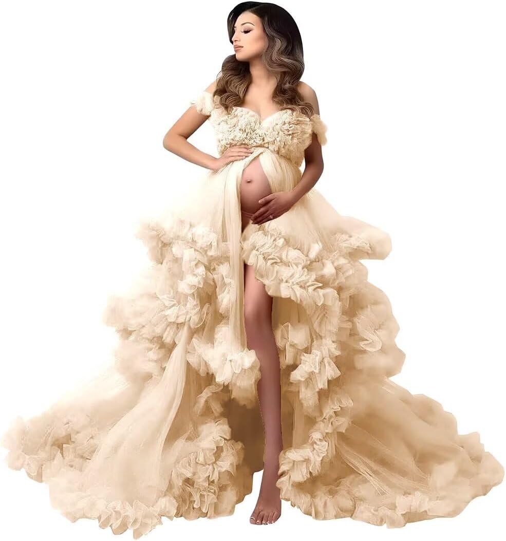 Changuan Puffy Tulle Maternity Dress for Photoshoot Ruffle Lingerie Baby Shower Bridal Bathgown Pregnancy Robe Photography