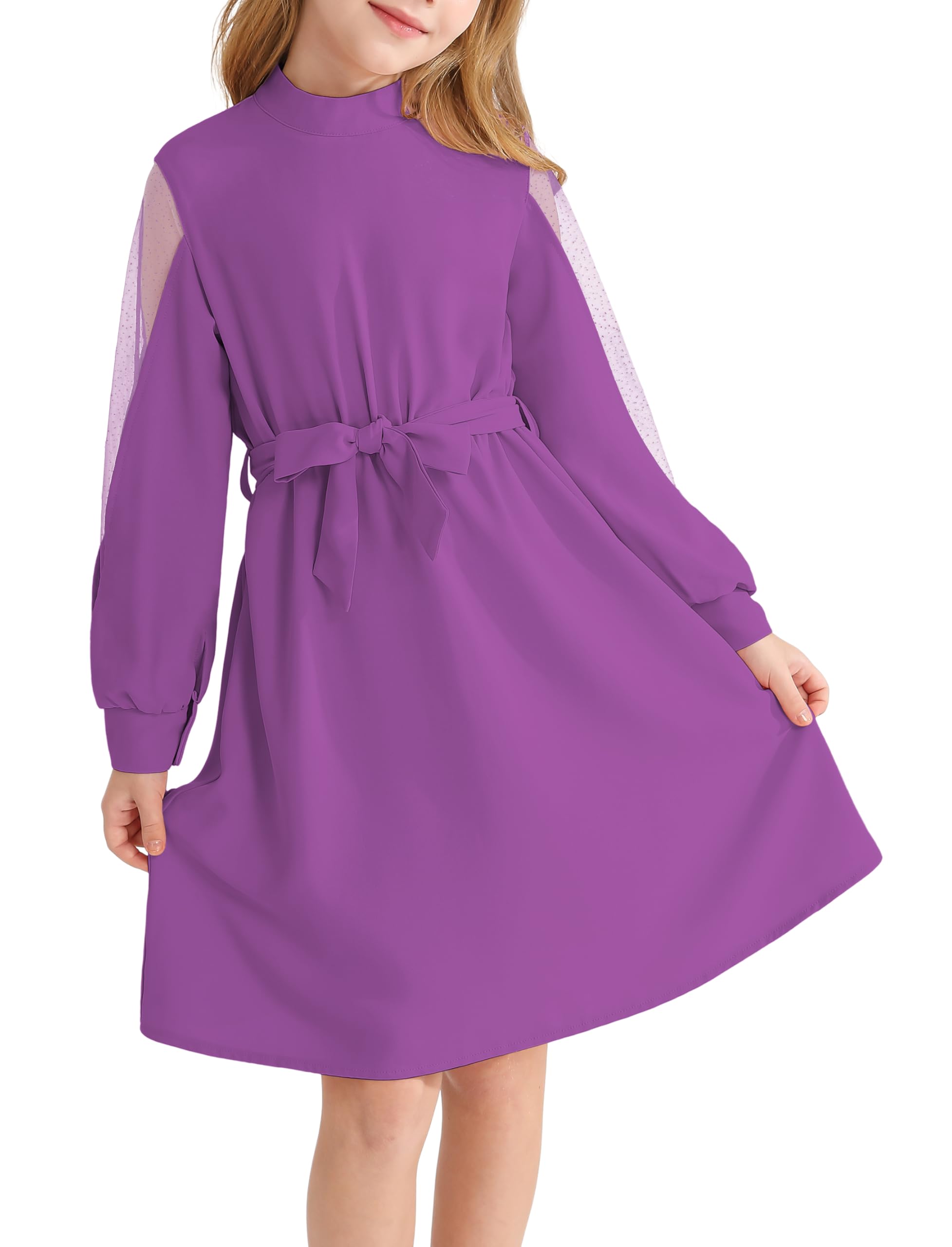 HOOGRIN Girl Sheer Mesh Long Sleeve Mock Neck Tie Waist A line Dress for 6-14 Years