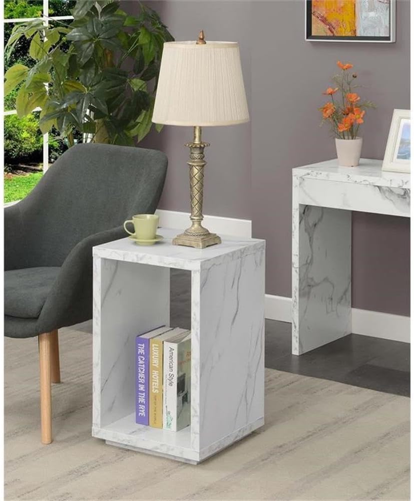 Pemberly Row Contemporary End Table, White Marble Wood Finish, 15.5 x 15.5 x 24 in, Two-Tier Shelving, Minimalist Design, Honeycomb Particleboard Melamine, Modern Living Room or Bedroom Use