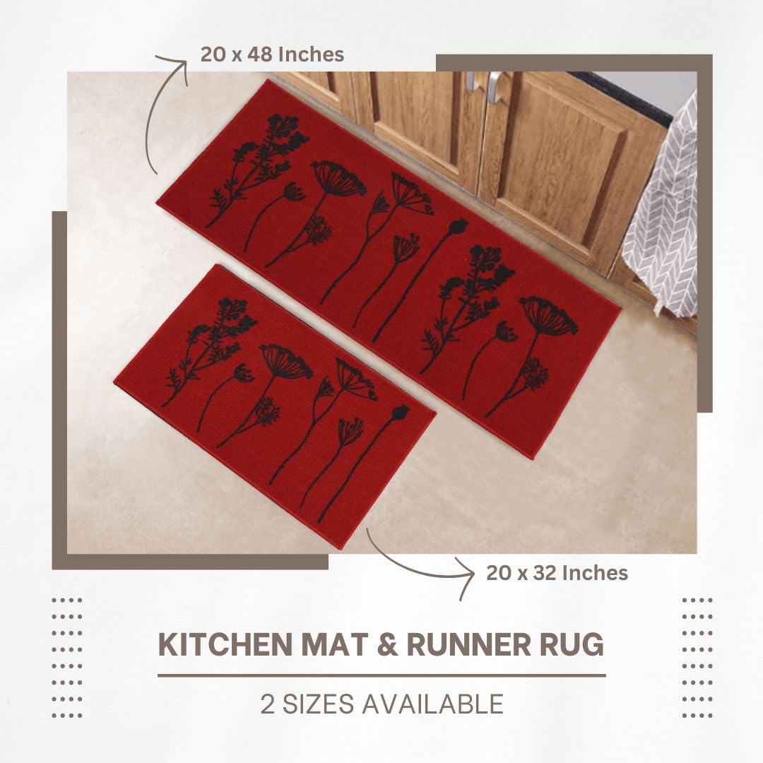 Wool Effect Wildflowers Kitchen Mat 32 x 20 Inches Red Black