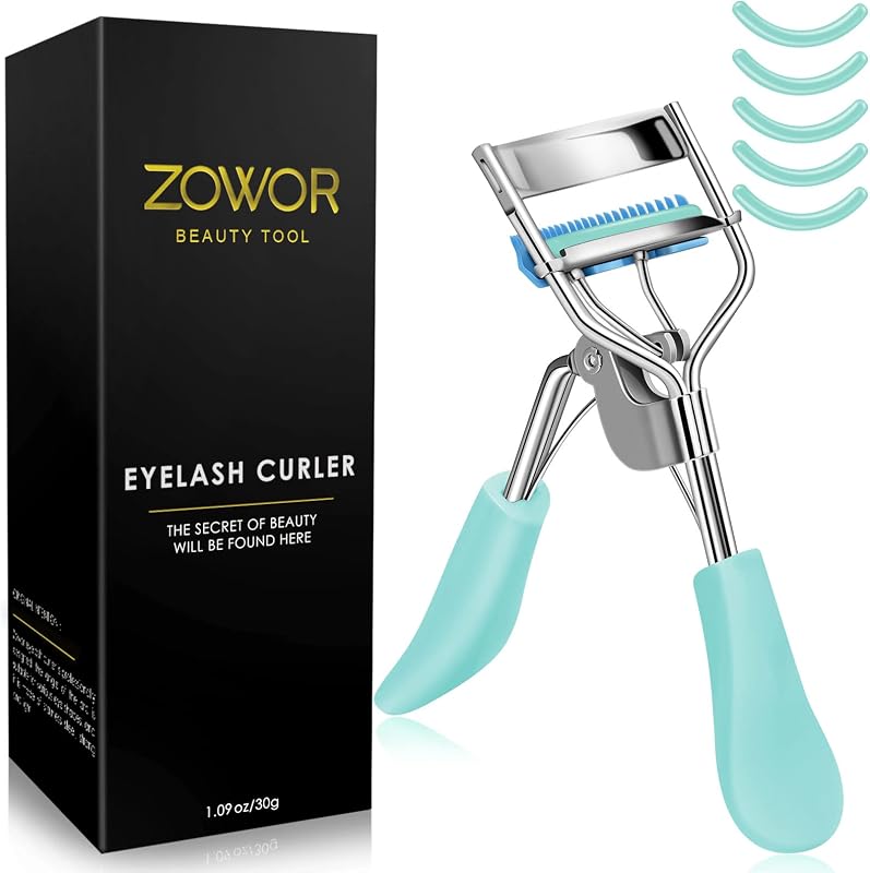 Curvador de cílios com pente Zowor azul e 5 almofadas de silicone