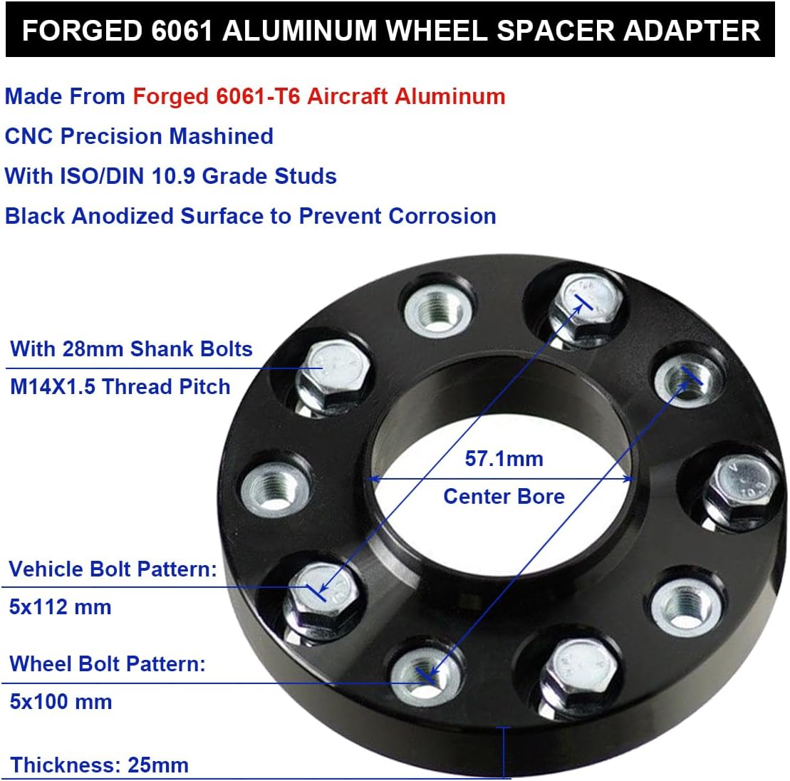 VLAOSCHI Black Forged 5x112 to 5x100 Wheel Adapters 1 Inch, 5 Lug Hubcentric Adapters 25mm with 14x1.5 Bolts Compatible with Audi VW 5x112 Vehicle (57.1mm Hub) to 5x100 Rims (57.1mm Bore) - Pack of 4
