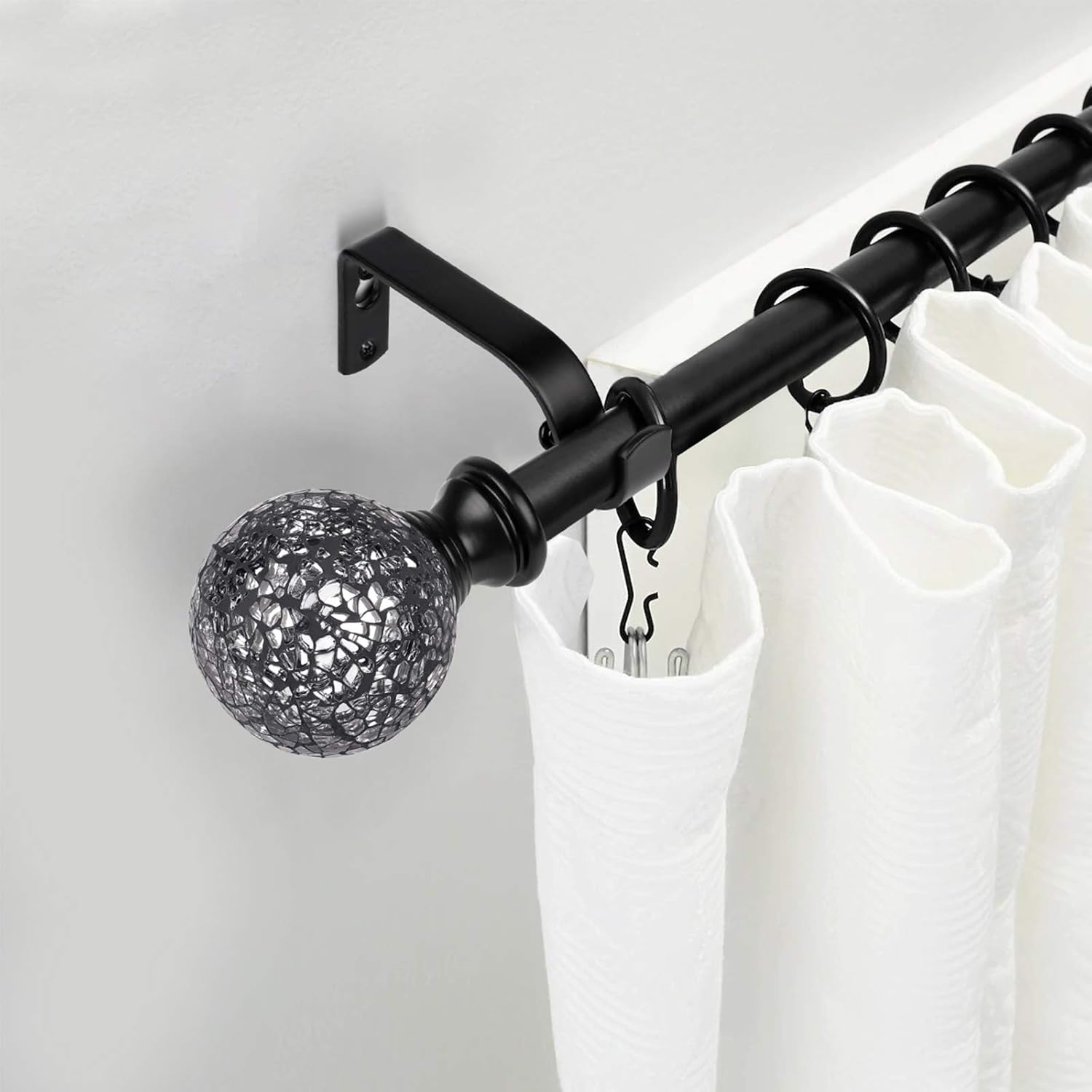 KNOBWELL Window Treatment Sparkling Mosaic Ball Curtain Rod Set, 1-Inch Diameter Decorative Curtain Rod, Adjusts from 42 to 120 Inches, Black
