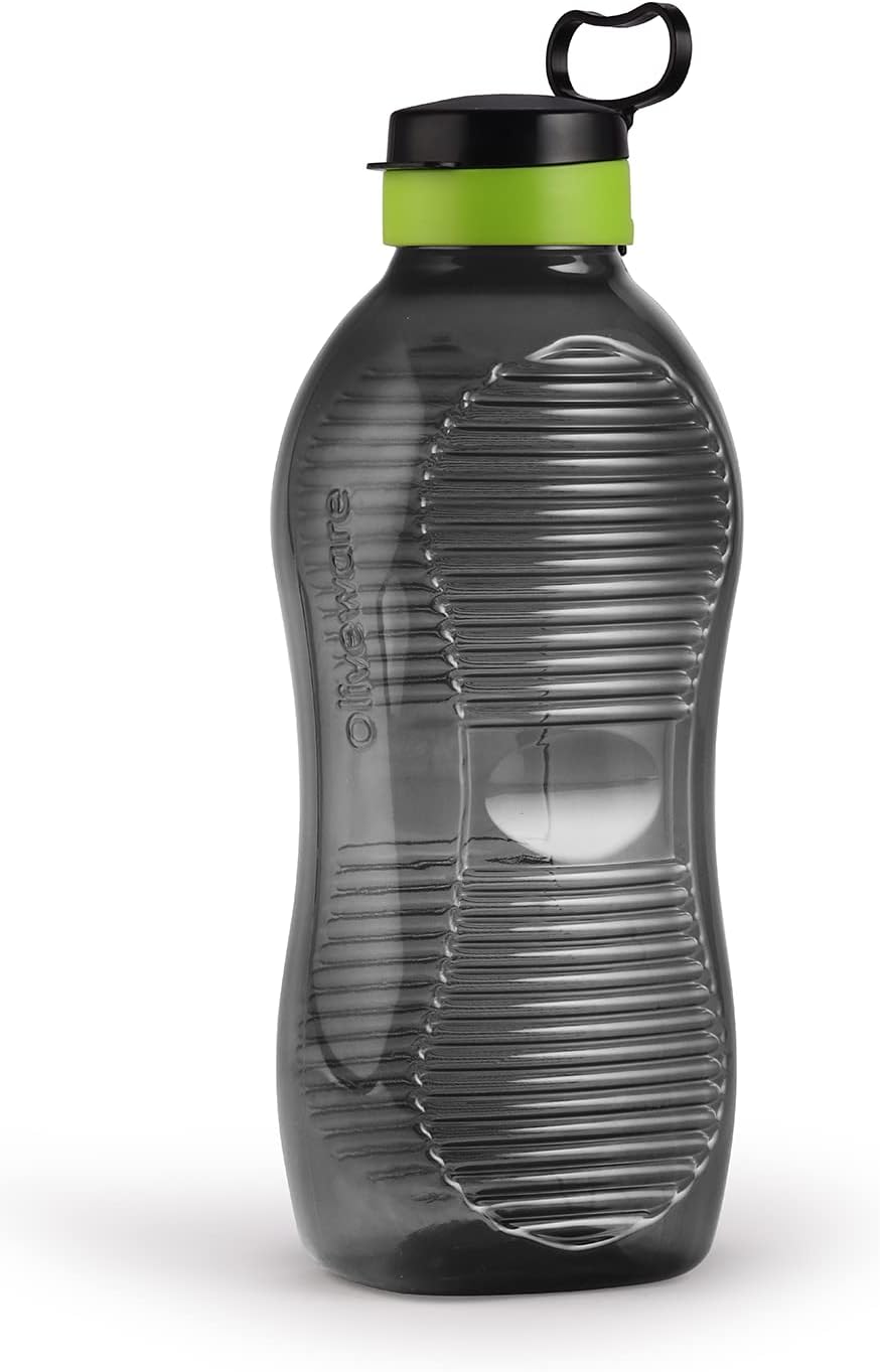 oliveware King Premium Plastic Water Bottle, Sturdy with Holder, Better Grip, BPA Free with 100% Leak Proof, 2 Litre Bottle, Set of 1 - (Black_Green)