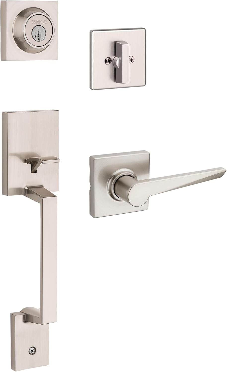 Weiser Amador Satin Nickel Front Door Lock and Handle Set, Deadbolt Lock and Handleset with