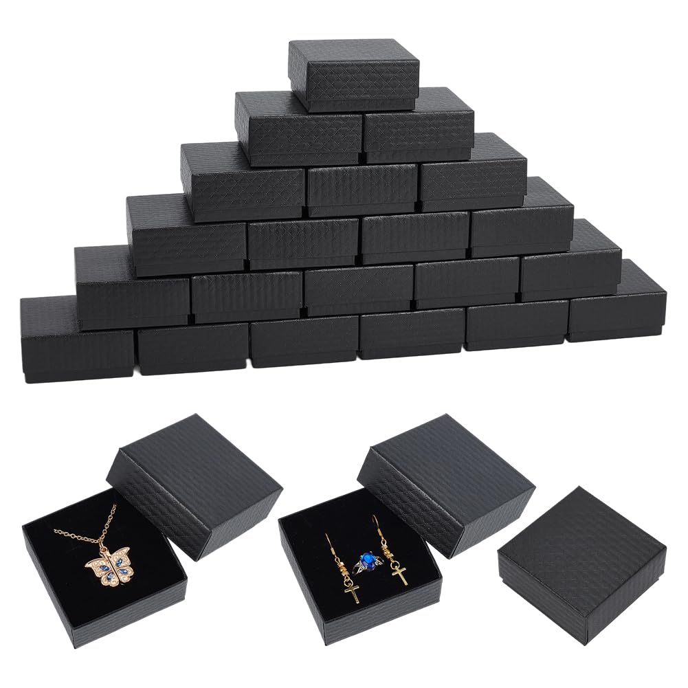 OLYCRAFT Lot de 24 boîtes à bijoux carrées modernes en carton avec intérieur éponge pour boucles d'oreilles, colliers, bijoux - 7,6 x 7,6 x 3,6 cm - Noir