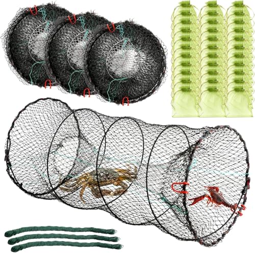 Lot de 3 pièges à crabes pliables pour ménés, écrevisses, homards, crevettes, filet de pêche pliable avec corde de lancer de 30 m, sac d'appât (B-Dia.30 x 64 cm...
