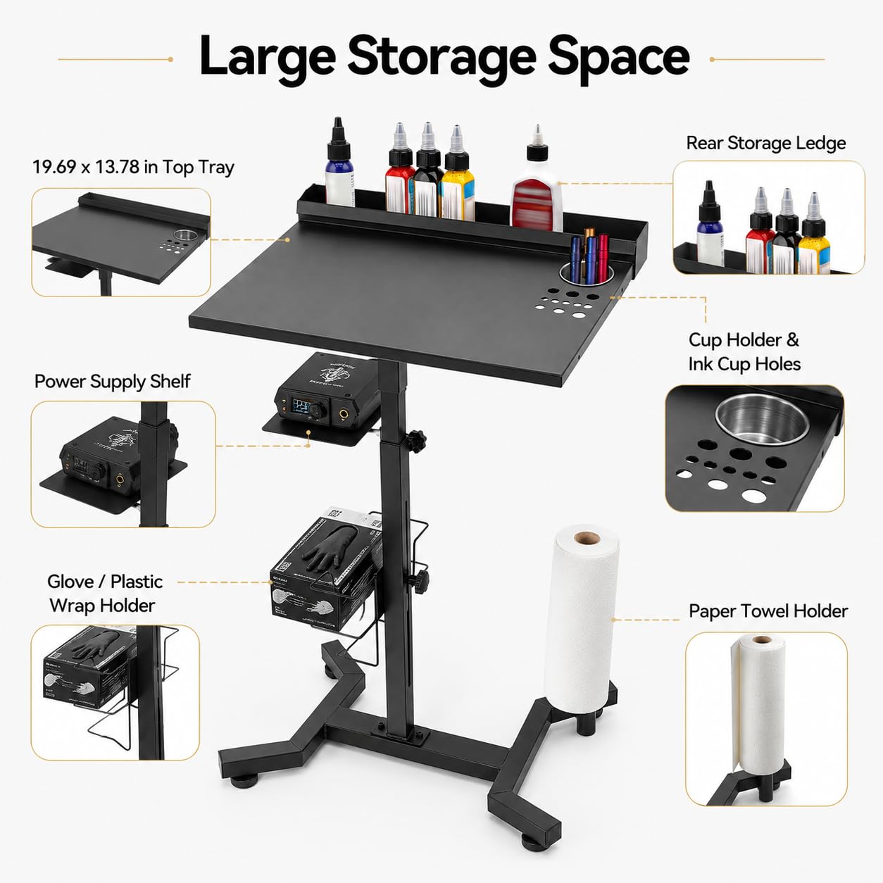 Station de Travail de Tatouage Plateau de Salon Hauteur Réglable 68-92cm Tablette Coiffure A Roulette Portable Mobile Chariot De Rangement,pour La Maison, Salon De Coiffure, Tatouage