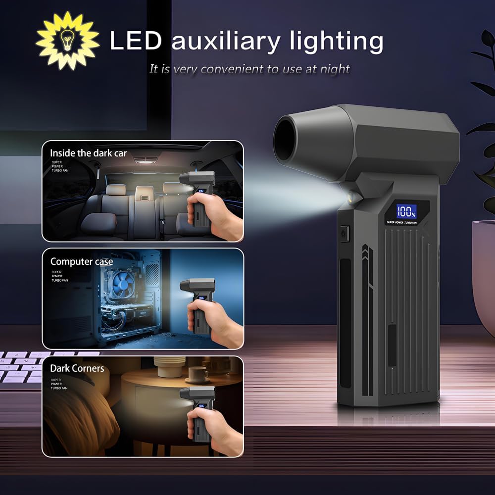 Portable 150W Super Strong Blowing Force Mini Turbo Fan Air duster-110000RPM led displays 4 Gears Wind Speed,brushless Motor, with LED Lighting, for Car Cordless Air Duster Rechargeable.Black