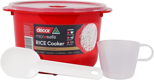 Décor Microwave Rice Cooker & Vegetable Steamer with Rice Paddle & Measuring Cup Non Stick Plastic Rice Pot Ideal as Pasta Microwave Cooker | RED 2.75L