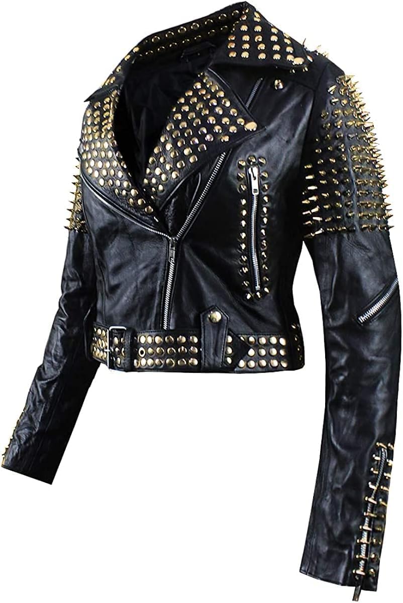 Studded Biker Jacket with Spikes for Women - Rock Punk Black Leather Motorcycle Jacket