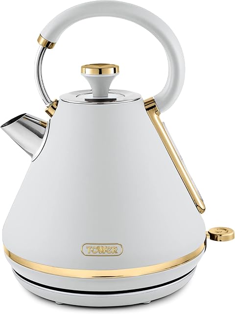 Tower T10044WHT Cavaletto Pyramid Kettle with Fast Boil, Detachable Filter, 1.7L, 3000W, Optic White And Champagne Accents