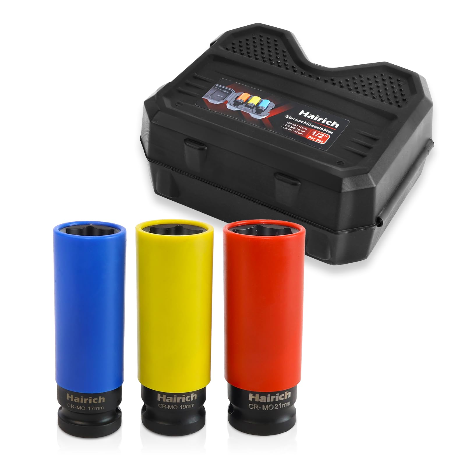 Hairich Schlagschrauber Nüsse 1/2" Set – Steckschlüsselsatz mit Felgenschutz für Radwechsel, 17/19/21 mm Langnüsse, Stecknuss Set für Alufelgen & Reifenwechsel