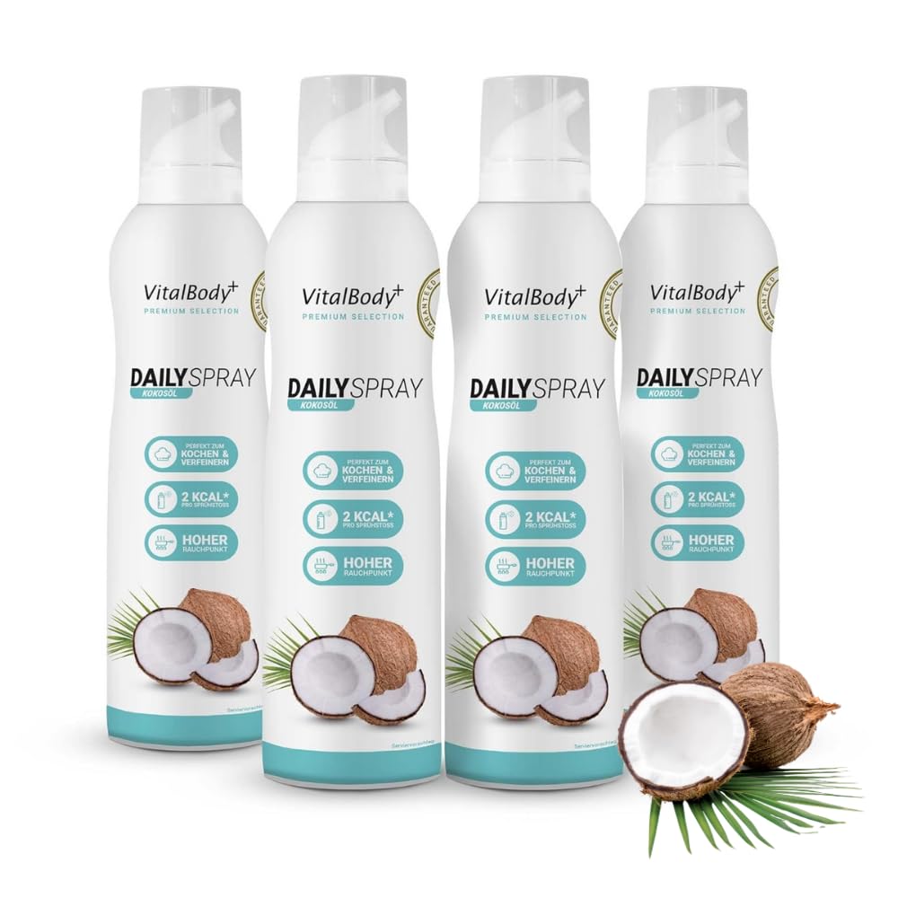VitalBody+ DailySpray MCT Kokosöl – 2 kcal Ölspray für Airfryer, Braten & Grillen – Kalorienarm Kochen – Non-stick Cooking Spray, 3200 Portionen, 4er Pack