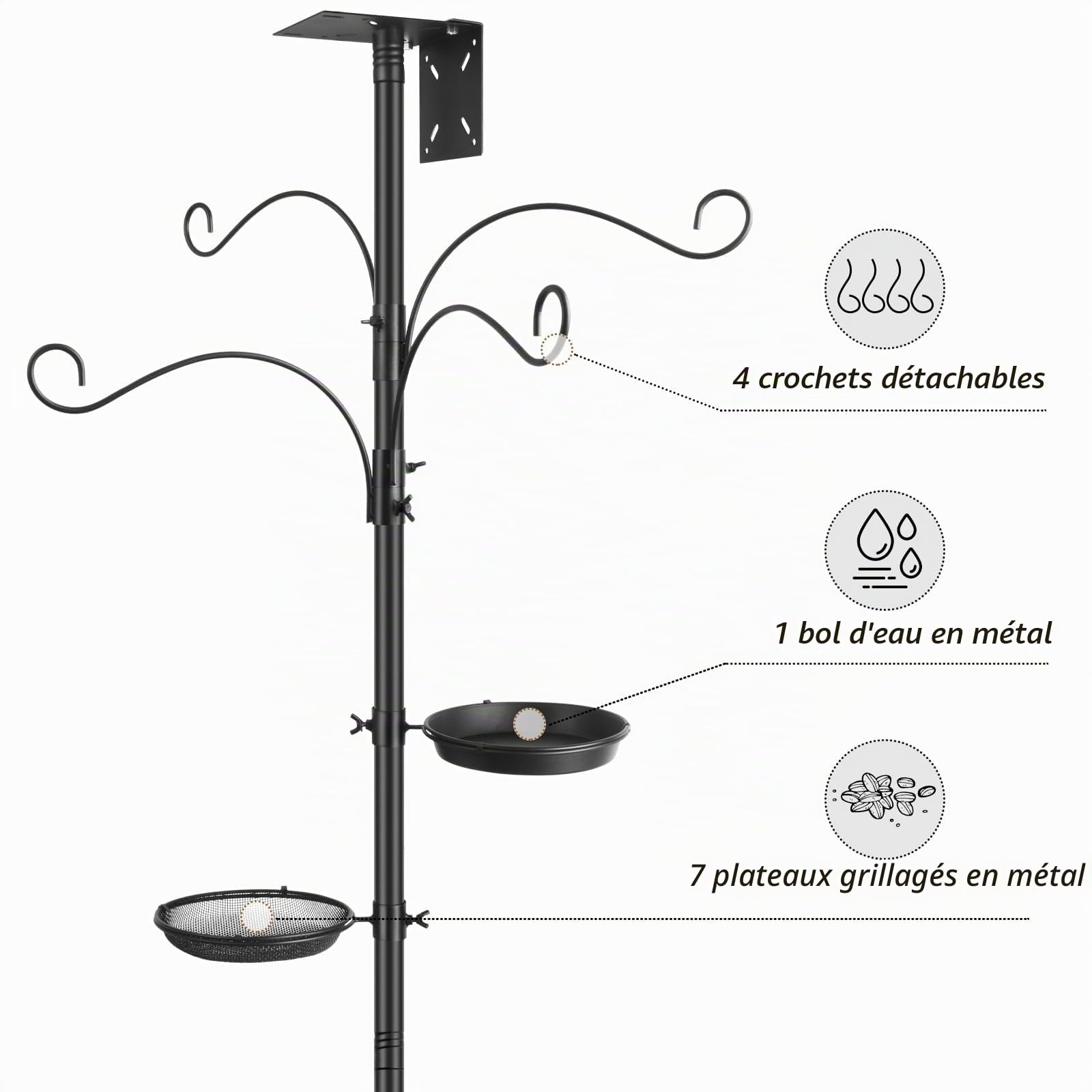 Mangeoires à oiseaux - Station de suspension en métal robuste - 232 cm de haut - Pour attirer les oiseaux sauvages