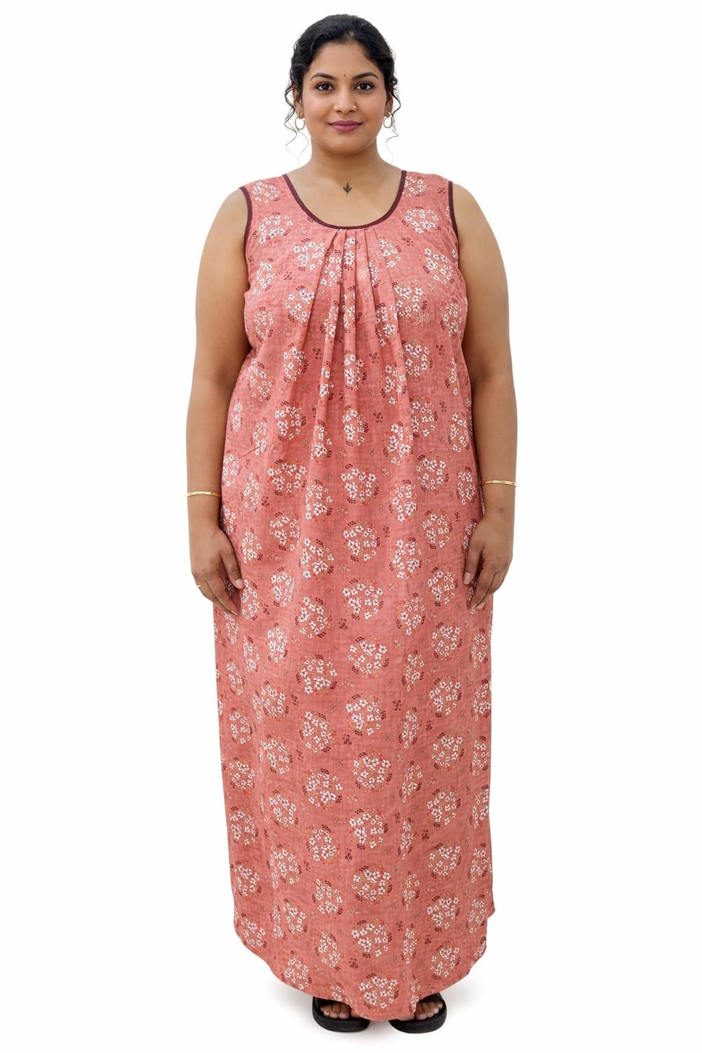 L to 10XL Size Sleeveless Nighty for Women and Girls, Rayon Fabric, Floral Print, Dusky Pink-image-11
