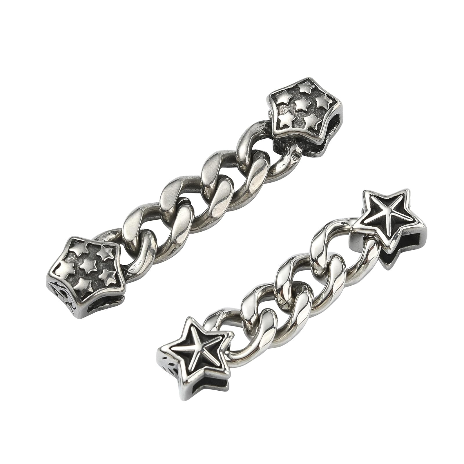 Stiesy 2 Pcs 2 Styles 304 Stainless Steel Curb Chain Extender Bracelet Connectors Chain Antique Silver Star Beads with Link Chain for Men Women Jewelry Making Parts Supplies