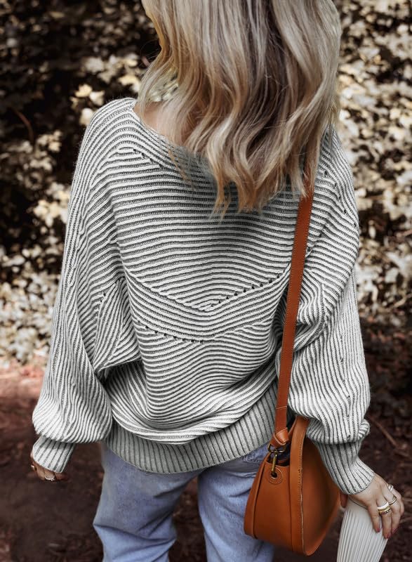 Image of EVALESS Striped Sweaters for Women Boat Neck Batwing Sleeve Oversized Pullover Sweater Tops Womens Fall Clothes Outfits